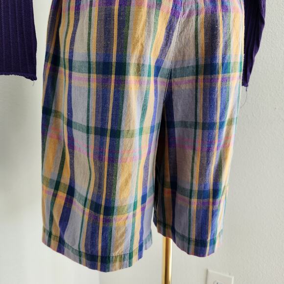 Vintage GAP 90s High Waisted Plaid Pleated Shorts Muted Yellow Green Blue 2 - Picture 7 of 13